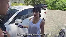 Drenched, sexy colombian shines in car wash fuck