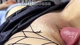 closeup pounding of shaved asian teen pussy with cum dripping inside
