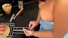 Japanese blogger gives pussy to barbecue guy without condom at party