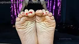 Sweat Small Feet Mistress Red Toenail Polish Female Domination Sensual With Petite Ass