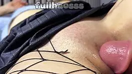 closeup pounding of shaved asian teen pussy with cum dripping inside