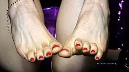 Sweat Small Feet Mistress Red Toenail Polish Female Domination Sensual With Petite Ass