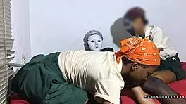 two ebony teens in miniskirts get fucked by their neighbor, showing big clits