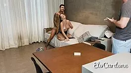 Cuckold watches wife get intensely fucked doggystyle by big cock at table