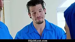 the repairmen blackmailed the shy hijab teen into sucking their big cocks