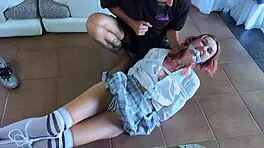 this tied-up babe is helpless in bondage. she has to obey every tickle on her cute feet.