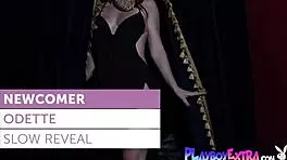 Sultry Redhead MILF Debutant Odette Fox Performs Striptease, Undressing Fancy Evening Dress.