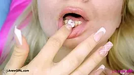 flawless blonde beauty shows sexy body in interview