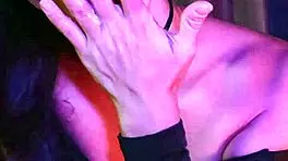 babe gives deepthroat blowjob in neon lights, swallows it all