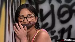 Lulu Chu Sucks Big Black Cock Through Gloryhole Setup