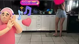 Young Brazilian Exhibitionists Sol and Megan Fire Flash and Dance in Kitchen with Ass Worship - Part 01