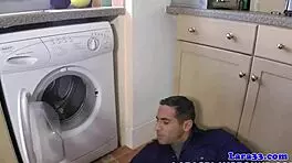 English milf gets pipe fitted by cheeky plumber in stockings.