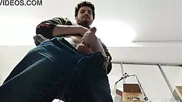 Watch me sneak around the shop to jerk off gigantic cumshot!