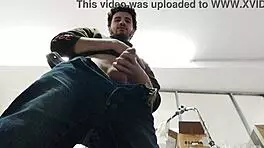 Watch me sneak around the shop to jerk off gigantic cumshot!