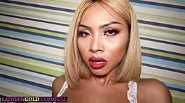 Tiny Asian ladyboy teen 18+ blonde Itim gets tight ass toyed hard.