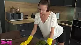 Busty Brunette Cleans Apartment for Amateur Couple
