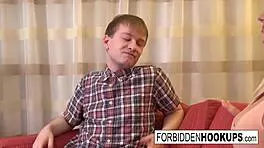 Does big boobed babe take step-brother's fat cock?