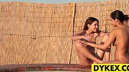 Outdoor lesbian sex with strapon and dildo licking!