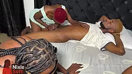 feeling submissive in oiled foursome, blowjobs with cute ebony babes.