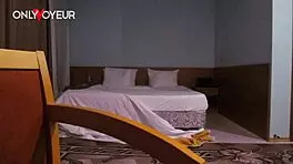 Homemade voyeur captures passionate after-party hotel fuck, horny chick moaning in cowgirl position.