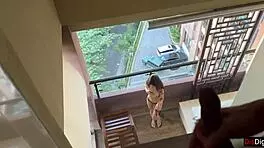 Conversational Horny neighbor caught masturbating while pervert peeps for anal
