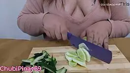 Tattooed Asian Teen with Big Natural Tits in Cooking Trailer
