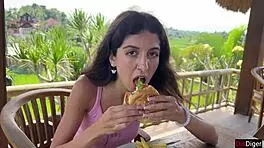 hey cutie, eating burger with cum on face in public?