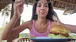 hey cutie, eating burger with cum on face in public?