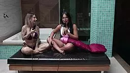 Beautiful Brazilian blonde enjoys watching movies for intimate moments.