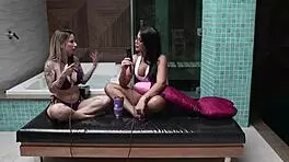 Beautiful Brazilian blonde enjoys watching movies for intimate moments.