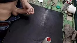 Masturbating Big Cock on Workbench at Work