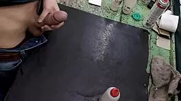 Masturbating Big Cock on Workbench at Work