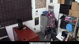teen robber petite 18+ shoplifter with tattoos and purple hair gets fucked by officer after agreement, her small tits bouncing in the office