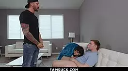 Stepsis practices blowjob skills with stepbro, gets caught and fucked by stepdad in taboo group.