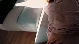 Curly-haired skinny babe resists big cock before cumming.