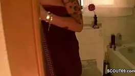 He catches his stepsister in the bath and confronts her.