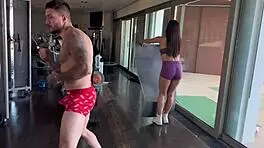 rough double penetration on andrea lux with huge saggy tits in the gym 😈