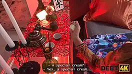 Hot teen seduces couple to pay off debt with blowjob and tits.