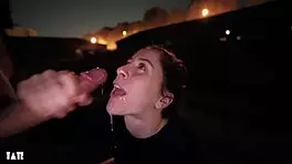 Slutty teen 18+ie takes a daring public facial! Wow!