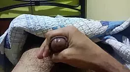 Young amateur jerks monster cock for homemade creampie