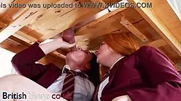 Two college students milk a guy's cock with lesbian blowjob, handjob, and cumshot on uniforms