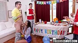 Boyfriend Freely Uses Girlfriend on Birthday. Hardcore Action in Front of Friends.