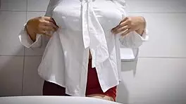 sexy horny office girl masturbates showing big tits and tight pussy in bathroom