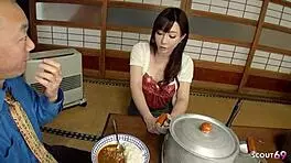 Old rich guy bangs Japanese waitress for uncensored creampie in restaurant!