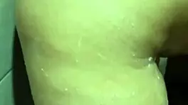 homemade sex with brunette babe in shower, big tits bouncing