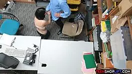 teen shoplifter gives a reluctant blowjob to the security guard in the back room