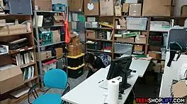 teen shoplifter gives a reluctant blowjob to the security guard in the back room