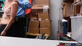 teen shoplifter gives a reluctant blowjob to the security guard in the back room
