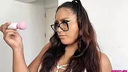 Linda says, 'I bought this huge toy online and I'm going to try it out while my parents are gone.' She masturbates until she squirts.