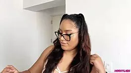 Linda says, 'I bought this huge toy online and I'm going to try it out while my parents are gone.' She masturbates until she squirts.